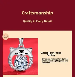 Close-up of 925 sterling silver tiger pendant with moissanite in classic 4-claw setting