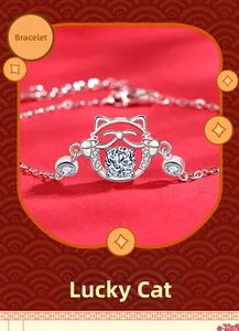 Detail of 925 sterling silver lucky cat pendant with sparkling moissanite on red silk