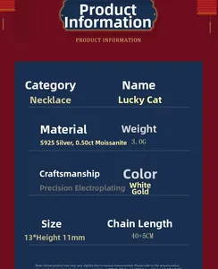 Specifications of S925 silver lucky cat necklace with 0.5ct moissanite detail
