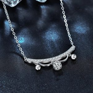 S925 sterling silver lace necklace with curved pendant, bell charms and round moissanite