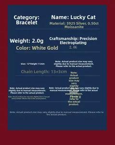 Detailed spec chart for S925 silver lucky cat bracelet with 50pt moissanite stone