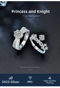 Macro detail of S925 sterling silver couple rings with moissanite princess crown design