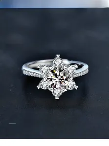 Macro shot of 925 silver snowflake ring featuring moissanite stones and 3EX cut details