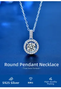 Close-up of S925 sterling silver moissanite halo pendant necklace on blue texture