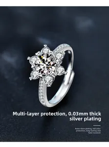 Macro detail of snowflake ring with 0.03mm silver plating and moissanite stones
