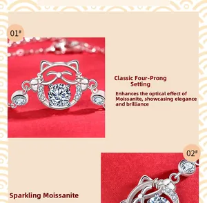 Macro detail of 925 silver lucky cat pendant featuring a round Moissanite in 4-prong setting