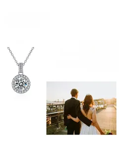 Close-up of sparkling moissanite halo pendant in 925 silver with a delicate chain