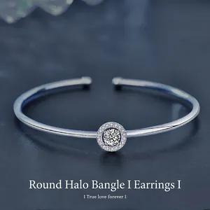 Moissanite Round Halo Bangle 925 Sterling Silver Adjustable Open Bracelet Minimalist Jewelry For Women
