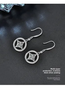 Detail of silver drop earrings with round pendant and nano-plating technology
