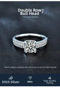Close-up of Moissanite S925 silver ring with double-row side stones on black leather background