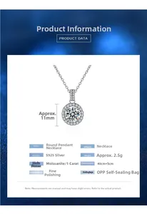 Moissanite pendant necklace technical data sheet with S925 silver product specifications