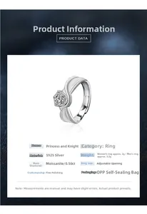 Detailed spec sheet for Princess and Knight S925 silver rings with 0.5ct moissanite stones