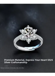Macro shot of S925 sterling silver snowflake ring with moissanite stones and side diamonds