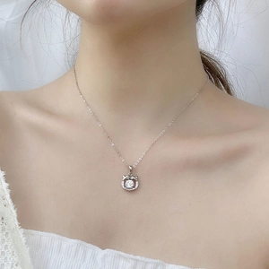 925 Sterling Silver Tiger Ear Necklace with Moissanite stone pendant on woman neck