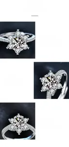 Macro detail of classic six-prong moissanite engagement ring in sterling silver