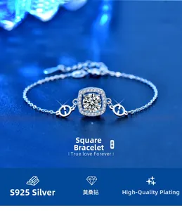 Macro detail of S925 silver moissanite bracelet with square-set stone and H-shaped links