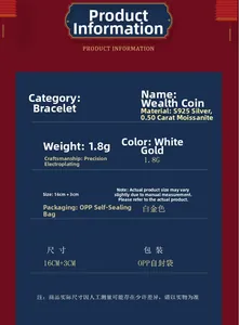 Detailed specs of S925 silver coin bracelet with moissanite and platinum plating