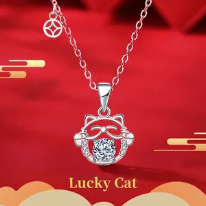 Original Design 925 Sterling Silver Lucky Cat Necklace Chinese Style Wealth Coin Pendant Moissanite Inlaid Jewelry Gift