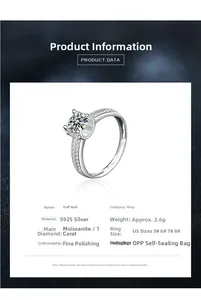 Detailed view showing the 1ct Moissanite center stone and S925 silver band with side diamonds