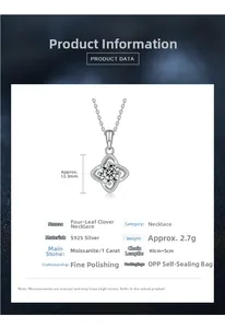 Dettaglio collana quadrifoglio argento S925 con pendente moissanite 1ct e specifiche tecniche