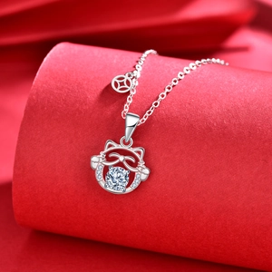 925 Sterling Silver Lucky Cat Pendant Necklace with Moissanite and Coin Charm