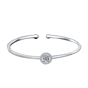 Minimalist S925 sterling silver open bangle featuring a halo round moissanite stone
