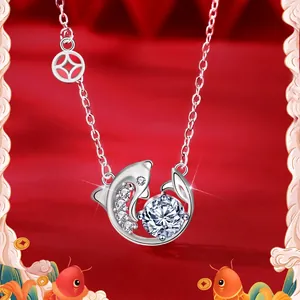 925 Sterling Silver Koi Fish Dolphin Pendant Necklace For Women 1ct Moissanite Inlaid Minimalist Commuter Fashion Jewelry
