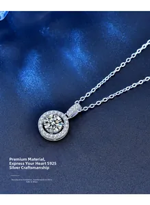 Macro shot of S925 sterling silver necklace featuring a round halo moissanite pendant