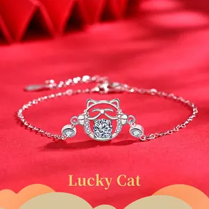 S925 Sterling Silver Moissanite Bracelet Lucky Cat Pendant Adjustable White Gold Plated Sparkling Jewelry Gift For Women