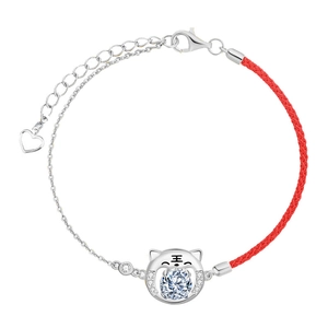 Bracelet cordon rouge en argent 925 avec pendentif tigre et pierre moissanite