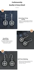 Detailed views of 925 silver earrings with four-prong set moissanite and round charms