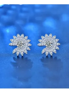 Macro shot of 925 sterling silver daisy earrings with 3EX cut moissanite stones