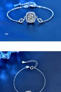 Detail of sterling silver bracelet featuring H-shaped links and sparkling moissanite stone
