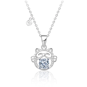 925 silver lucky cat necklace with moissanite pendant and coin charm on white background