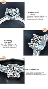 Macro detail of moissanite ring with four-claw setting and small side stones