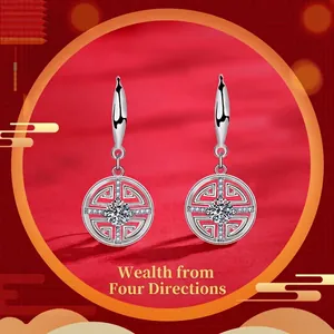 Boucles d'Oreilles Pendantes en Argent Sterling 925 Style Chinois Pièce pour Femmes Moissanite Incrustée Vintage Creux Motif Traditionnel