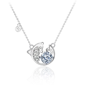 925 silver dolphin pendant necklace with large moissanite stone and side charms