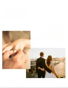 Close-up of golden moissanite ring on finger with a sunset background for couples