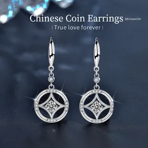 925 Sterling Silver Moissanite Drop Earrings For Women Chinese Retro Copper Coin Rhinestone Star Dangle Earrings Jewelry Gift