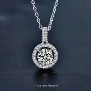 925 Sterling Silver Moissanite Pendant Necklace For Women Round Halo Pave Rhinestone Minimalist Chain Necklace Jewelry