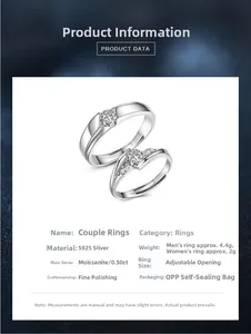 Detail view of adjustable S925 sterling silver couple rings with 0.5ct Moissanite diamond