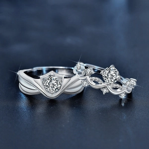 925 Sterling Silver Moissanite Couple Rings Set Princess Crown Knight Shield Inlaid Adjustable Wedding Jewelry Finger Ring