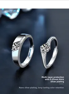 Macro detail of silver couple rings with nano-silver plating and sparkling moissanite