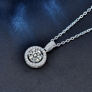 Classic 925 sterling silver moissanite necklace with a halo round pendant on a thin link chain