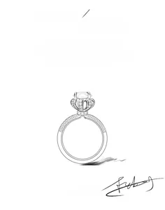 Detailed design sketch of a 925 silver crown ring featuring moissanite diamond accents