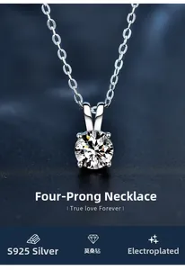 Macro shot of 925 sterling silver four-claw moissanite pendant with sparkling fire