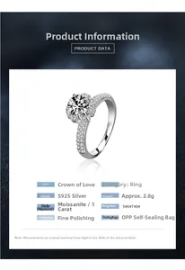 Detailed view of S925 silver crown ring with a 1-carat moissanite center stone