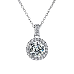 Classic round moissanite halo necklace with S925 sterling silver chain for women