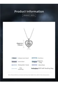 Detail of 925 sterling silver heart pendant with 1 carat moissanite stone measurements