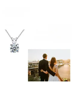 Detail of four-prong moissanite pendant with 925 sterling silver chain for women